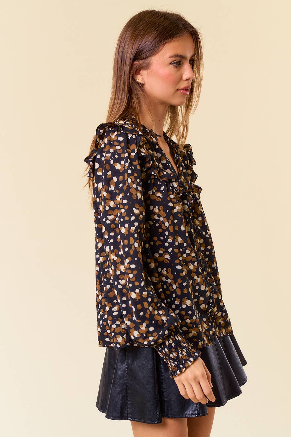 Abstract V-Neck Smocked Cuff Blouse