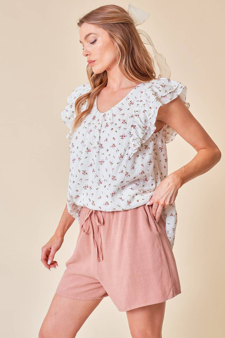 Swiss Dot Floral Print Ruffle Top With Button Back