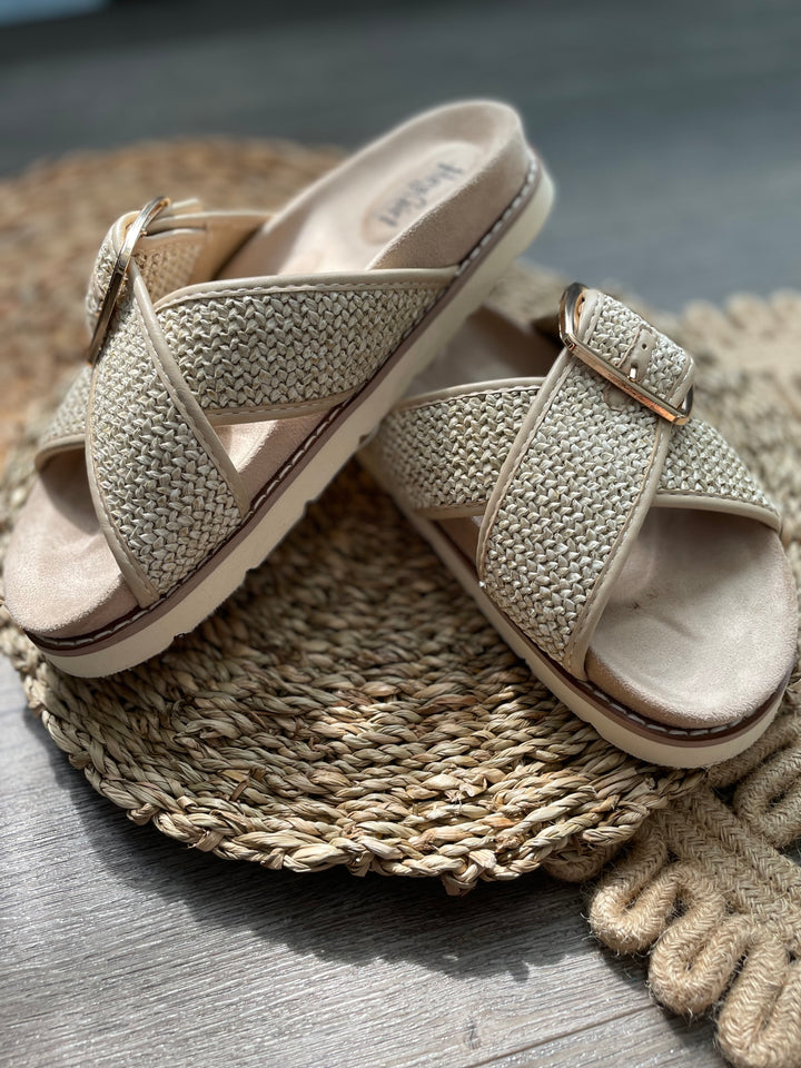 "Booked" Woven Cross Strap Design Slide Sandal