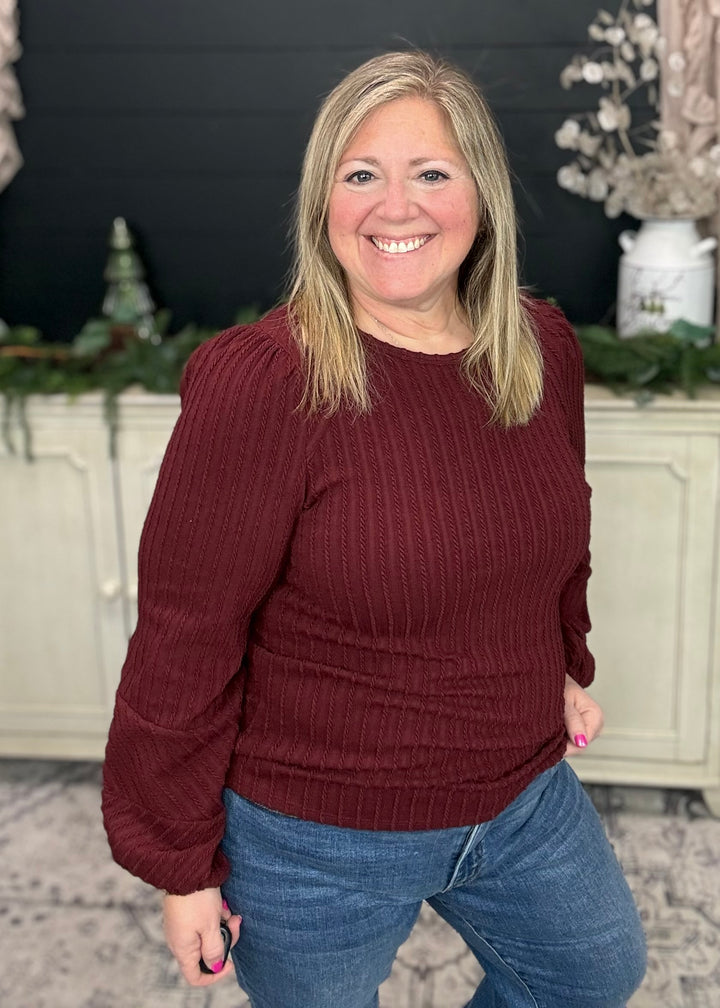 Merlot Bubble Sleeve Textured Top