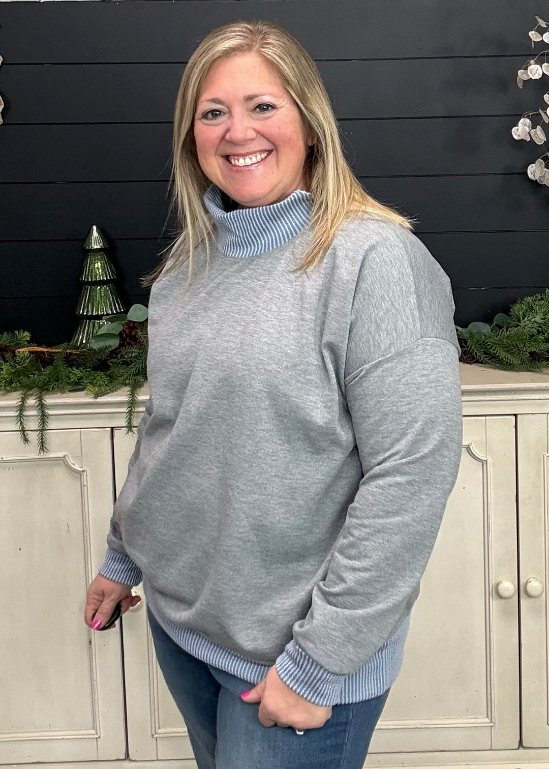 Grey - Mock Neck with Side Collar Slit