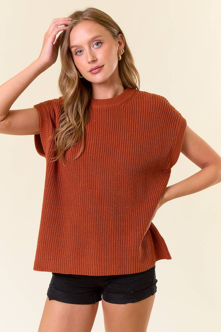 Round Neck Drop Shoulder Ribbed Sweater Vest