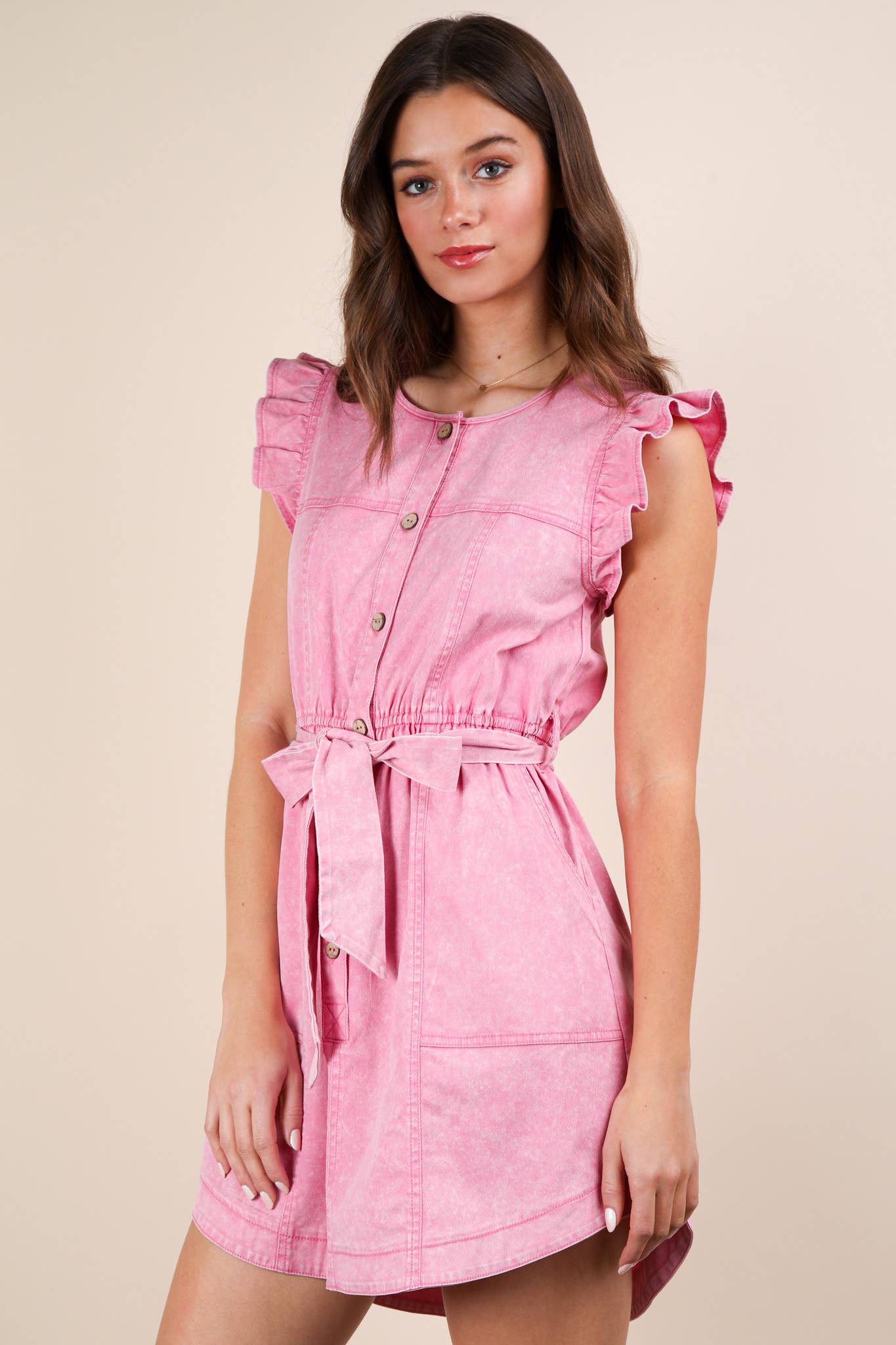 Washed Chambray Ruffle Detail Mini Dress: INDIGO