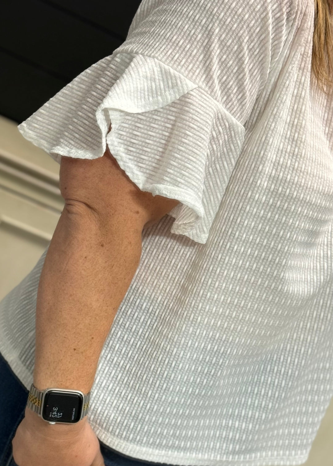 White Textured Bell Sleeve Top