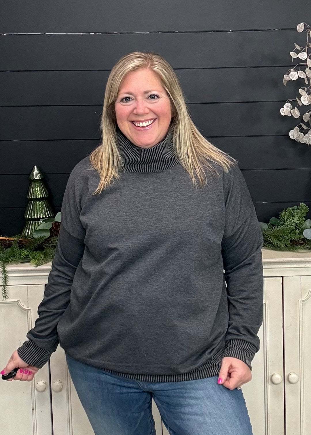 Charcoal - Mock Neck with Side Collar Slit