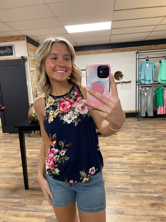 Navy Floral Halter Neck Tank