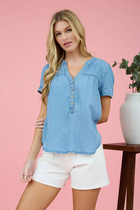 CHAMBRAY HALF BUTTON YOKE DETAIL BLOUSE: CHAMBRAY