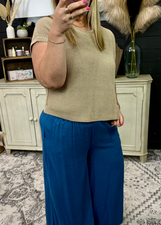 CREW NECK SHORT SLEEVE CROCHET KNIT PULLOVER