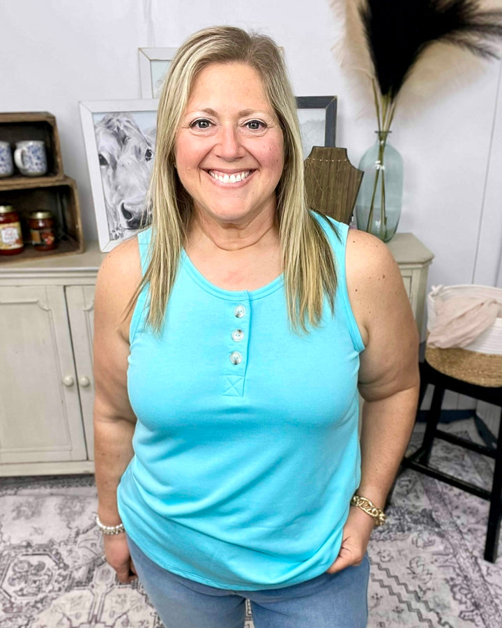 Front Button Detail Terry Cloth Tank Top: AQUA