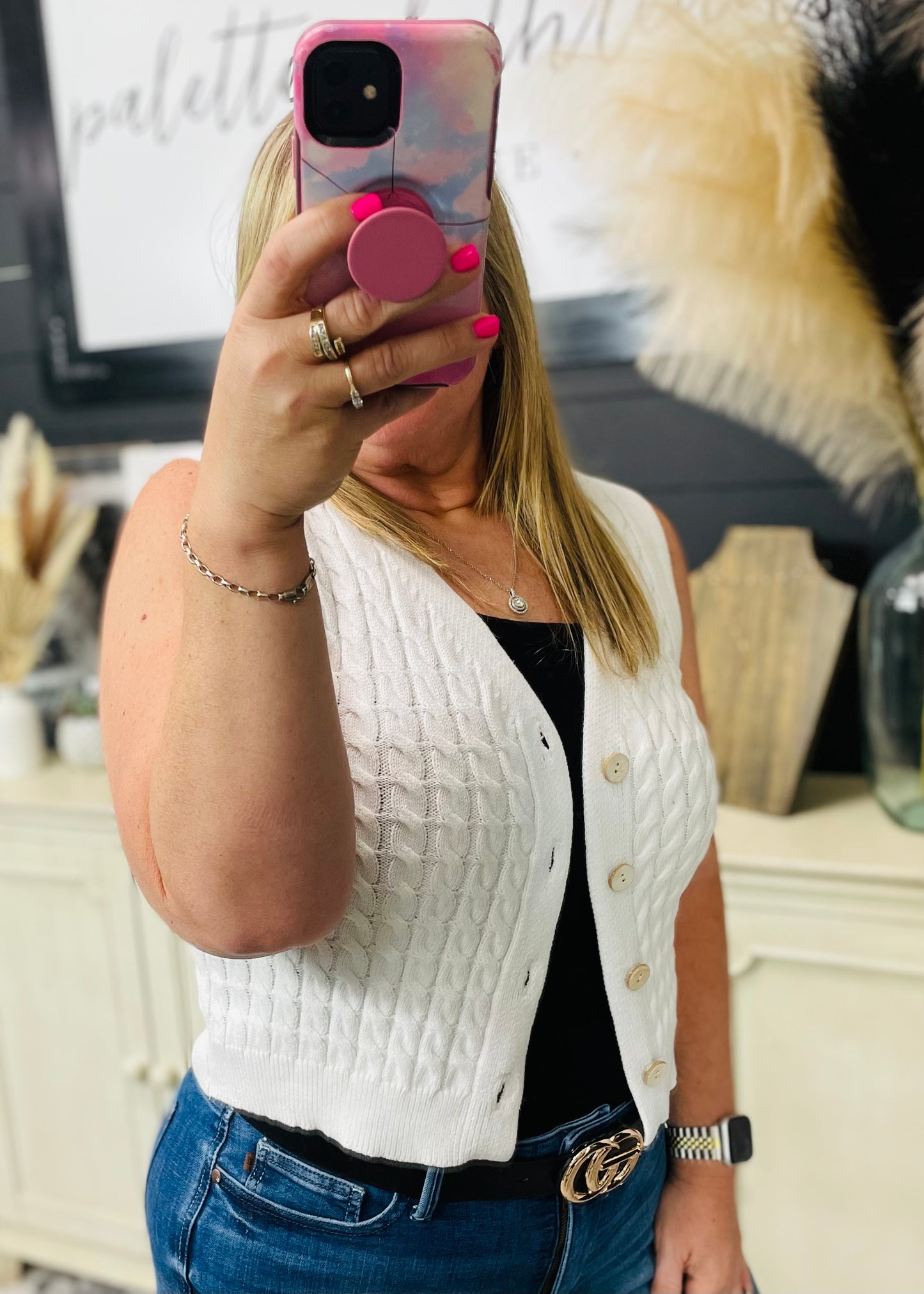 V NECK BUTTON DOWN CABLE KNIT SWEATER VEST