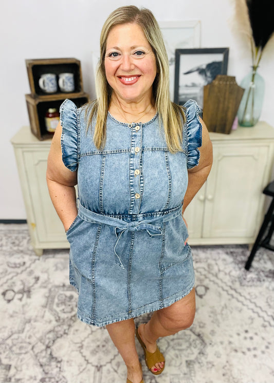Washed Chambray Ruffle Detail Mini Dress: INDIGO