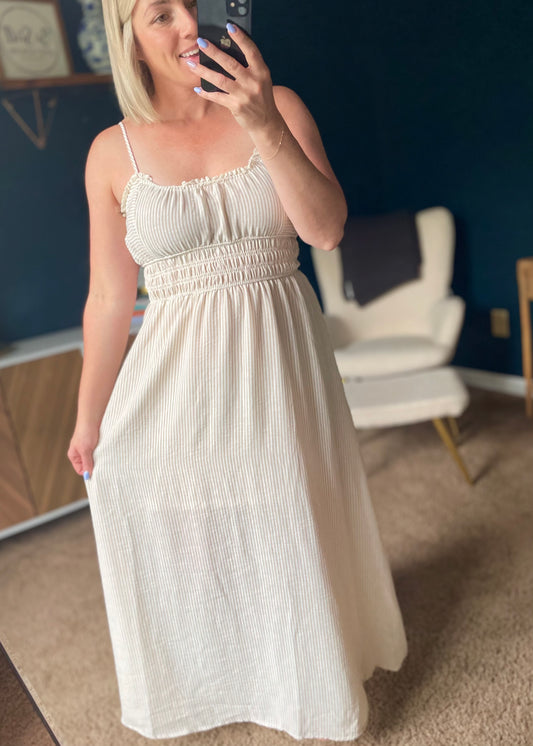 KHAKI STRIPE LACE TRIM SPAGHETTI STRAP MIDI DRESS