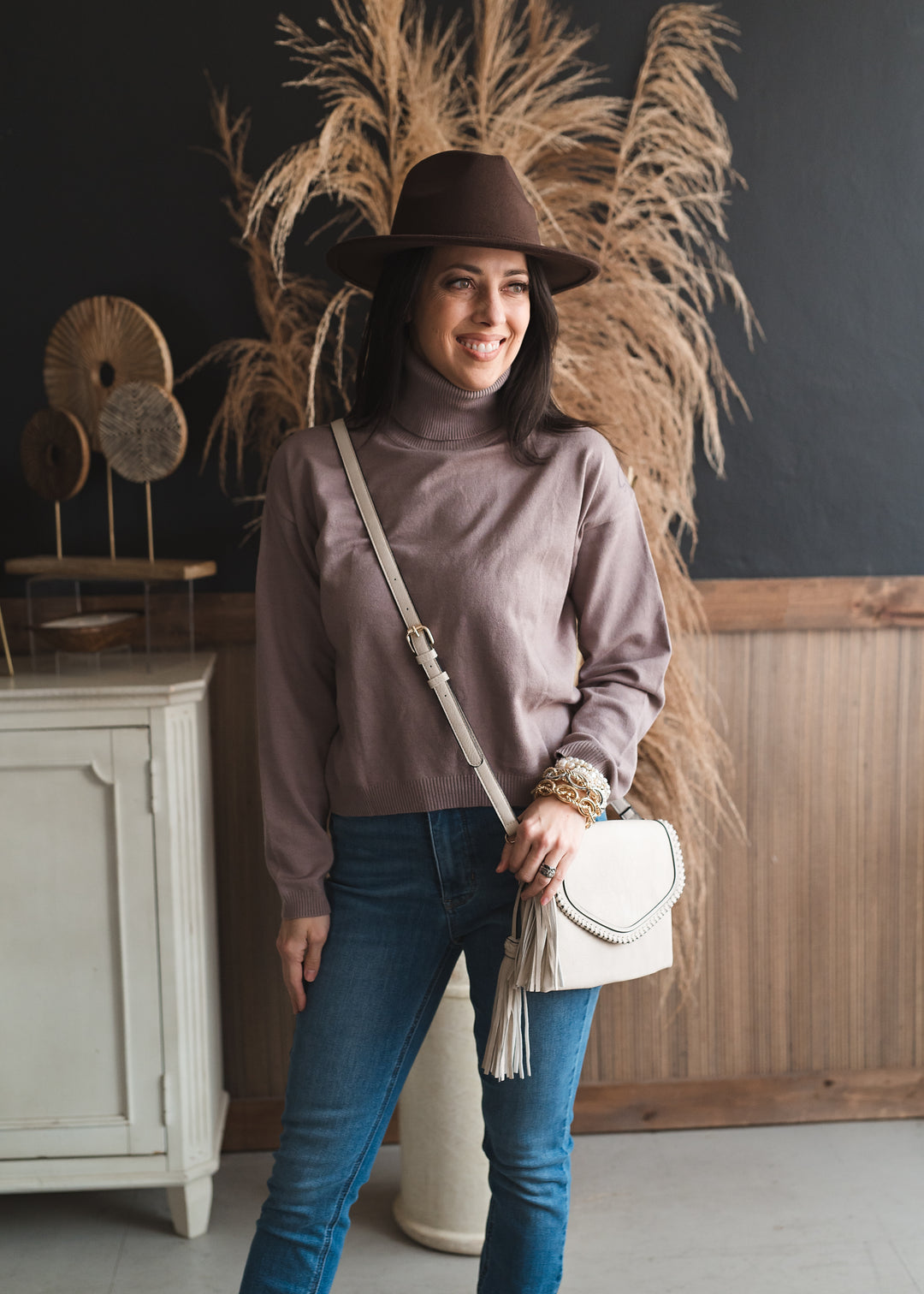 Turtle Neck Midi Dress Set - Mocha and Cream