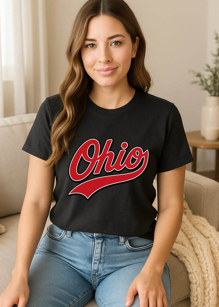 OHIO RED SWOOSH GRAPHIC TEE OR SWEATSHIRT