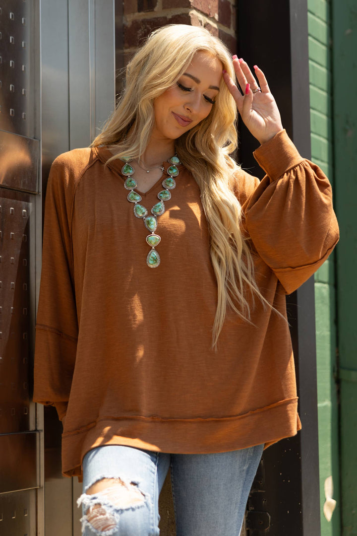 Caramel - Flowy Split Neck Top