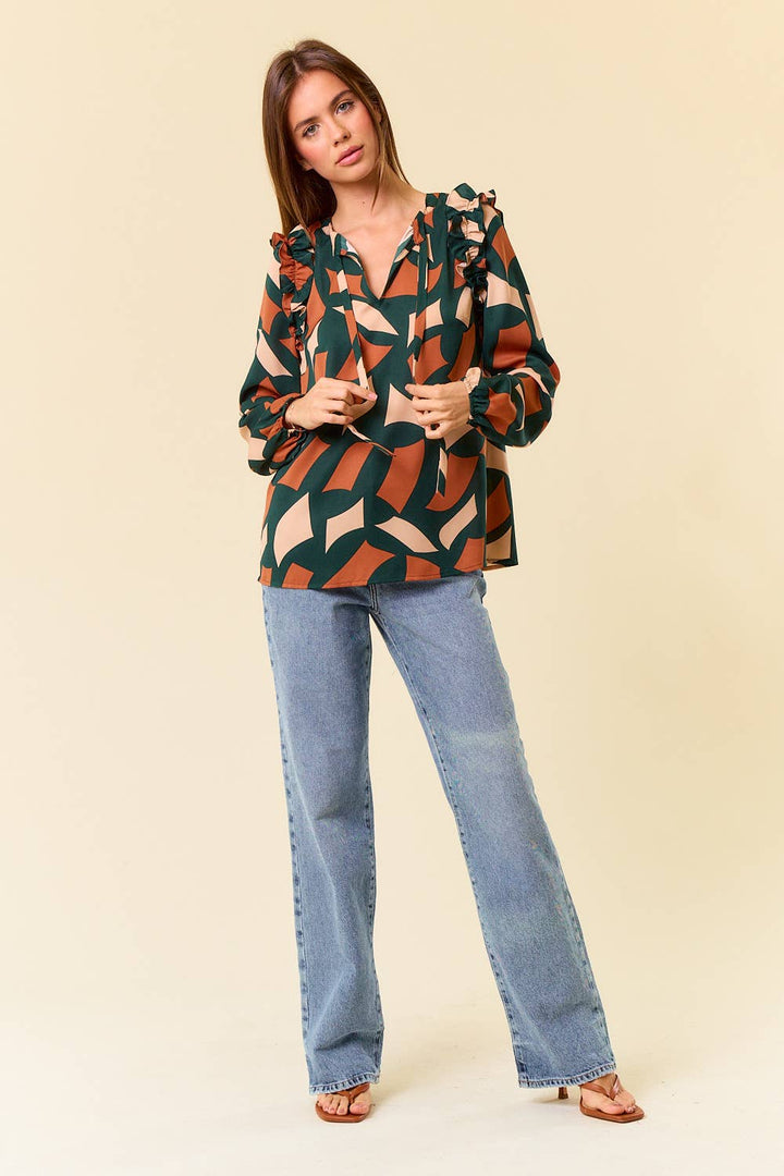 Abstract Print Tie Neck Blouse