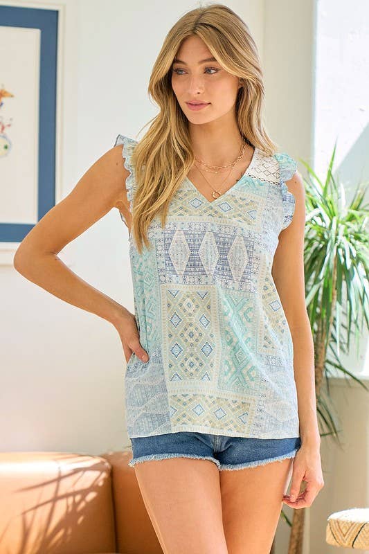 Lace V-neck Top With Back Button Detail