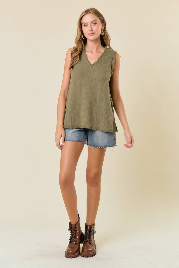 OLIVE - FRAYED V-NECK TOP