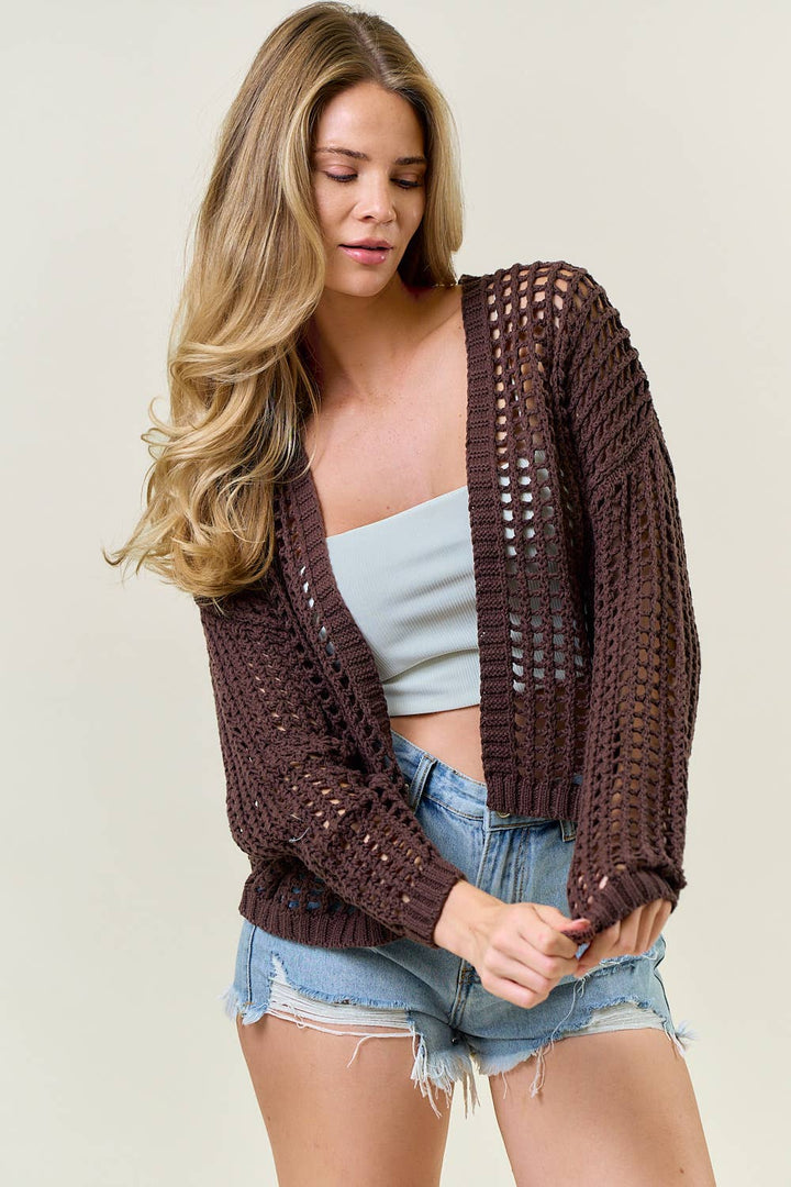 Espresso Fishnet Open Cardigan