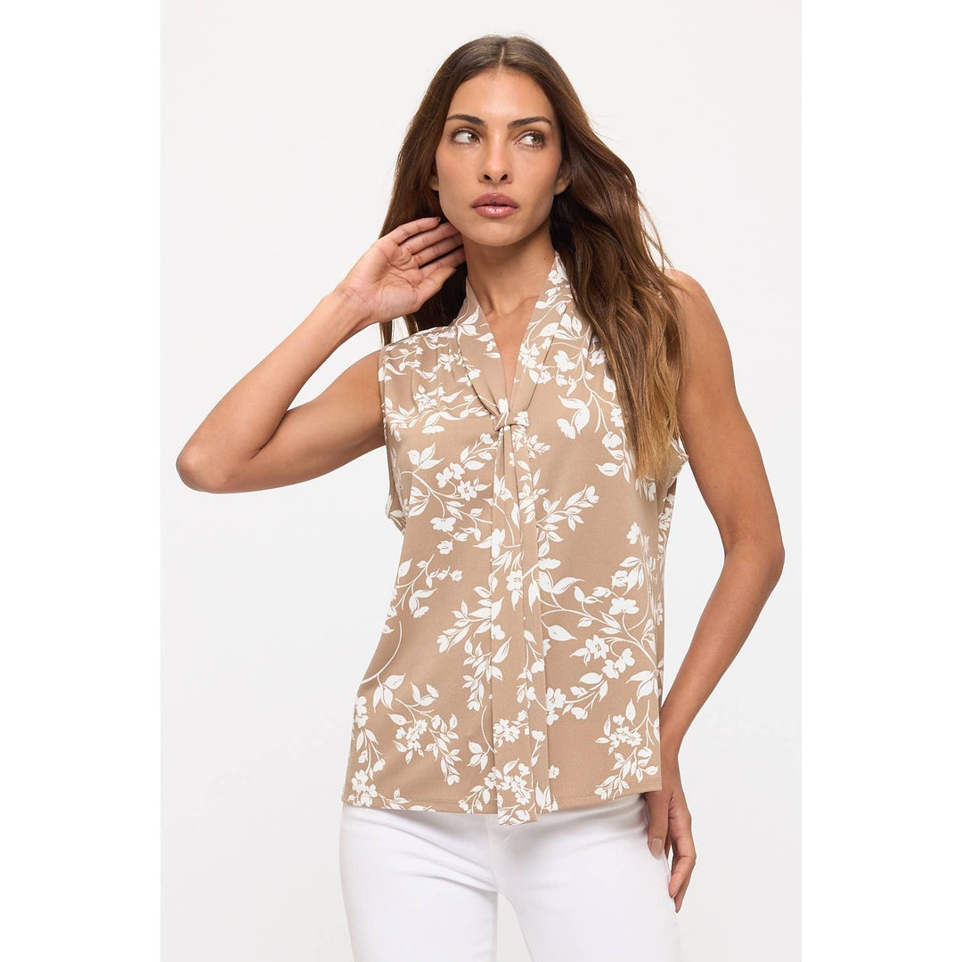FLORAL KNIT TIE NECK LAYERING TANK: Taupe/Ivory