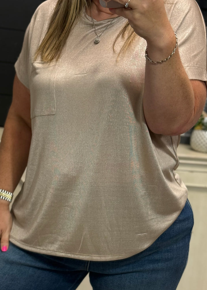 Sand Shimmer Short Sleeve Pocketed Tunic Top