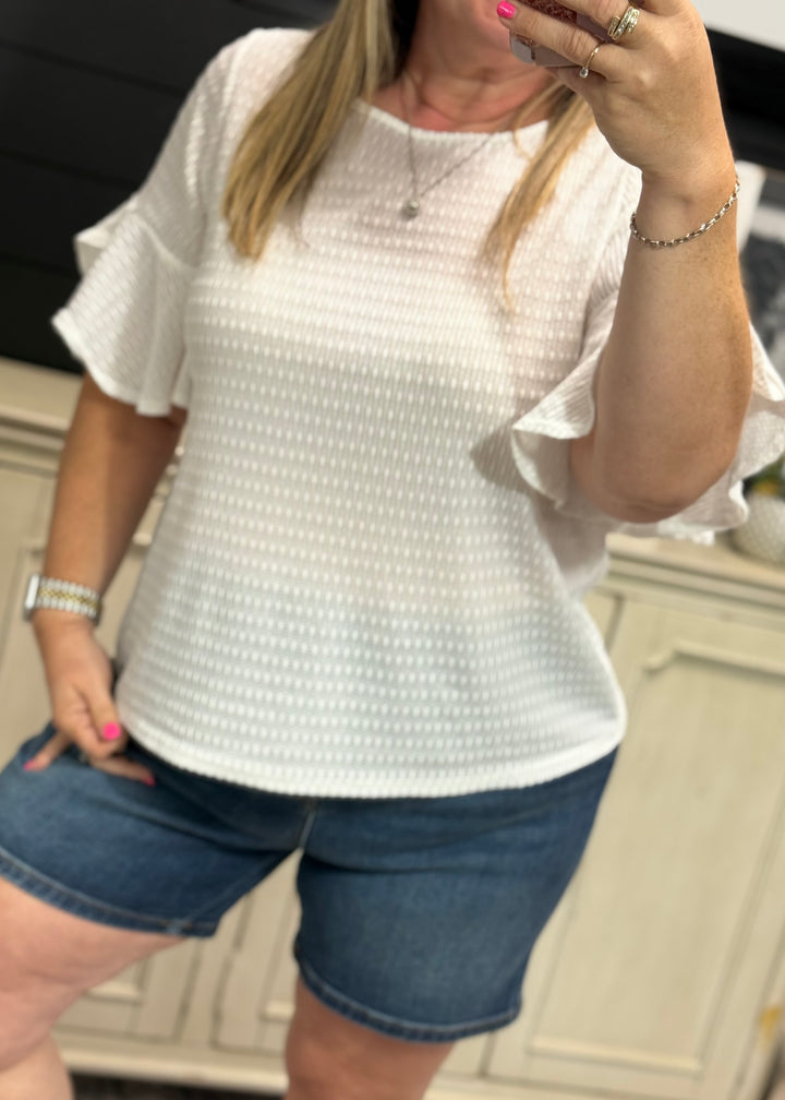 White Textured Bell Sleeve Top