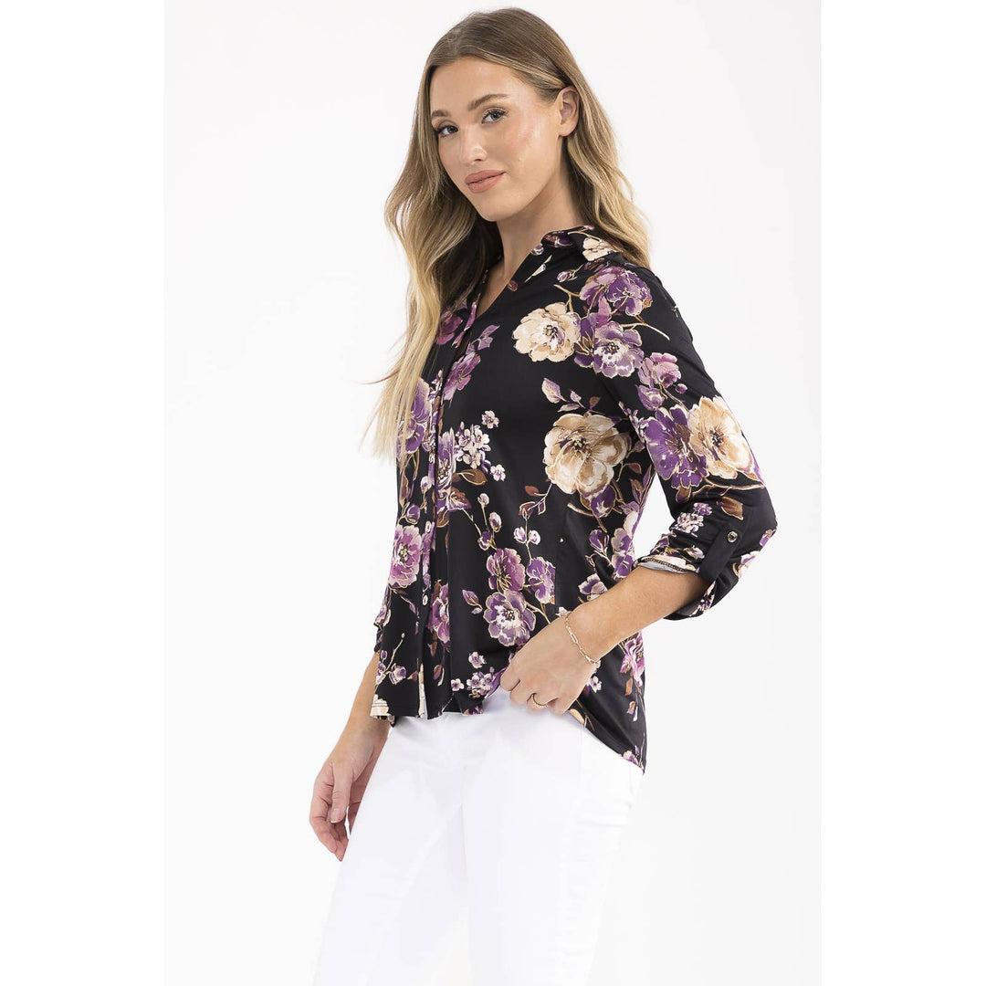 FOIL FLORAL COLLAR SHIRT: BLACK/PLUM/GOLD