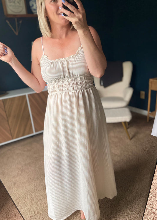 KHAKI STRIPE LACE TRIM SPAGHETTI STRAP MIDI DRESS