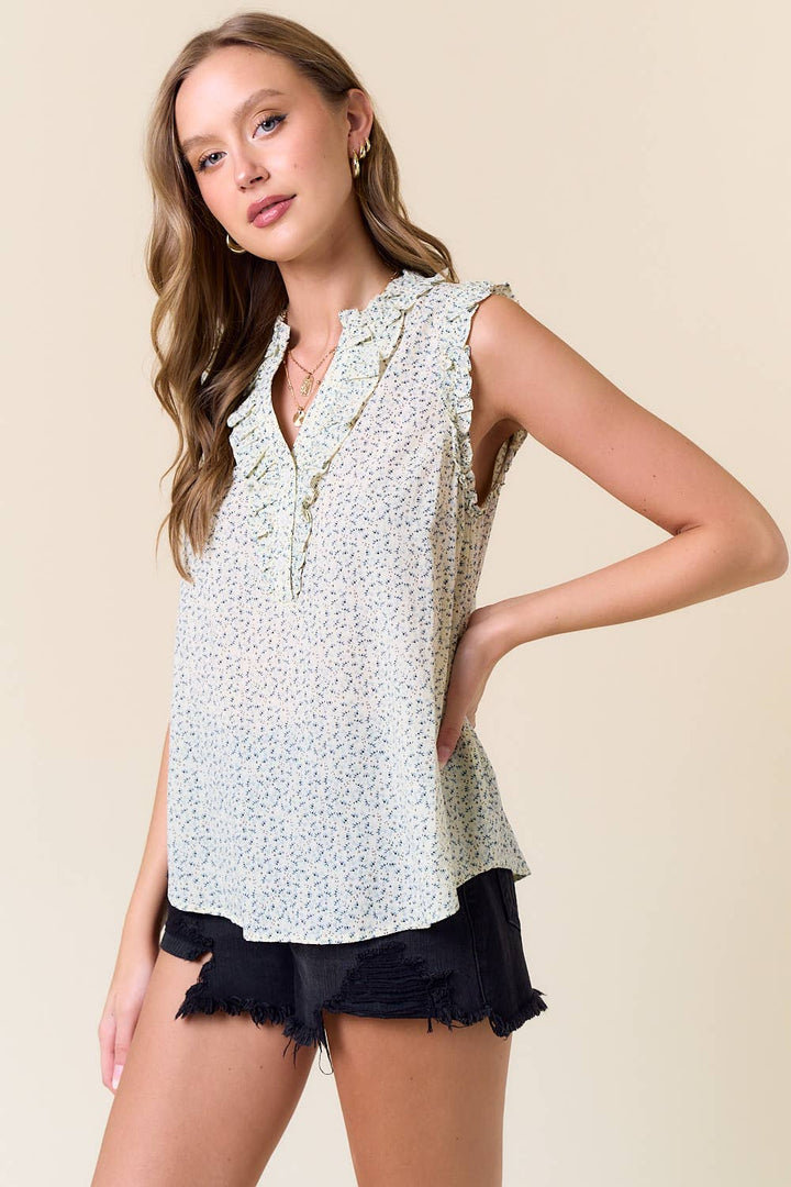 Cotton Ditzy Floral V-Neck Ruffled Sleeveless Top