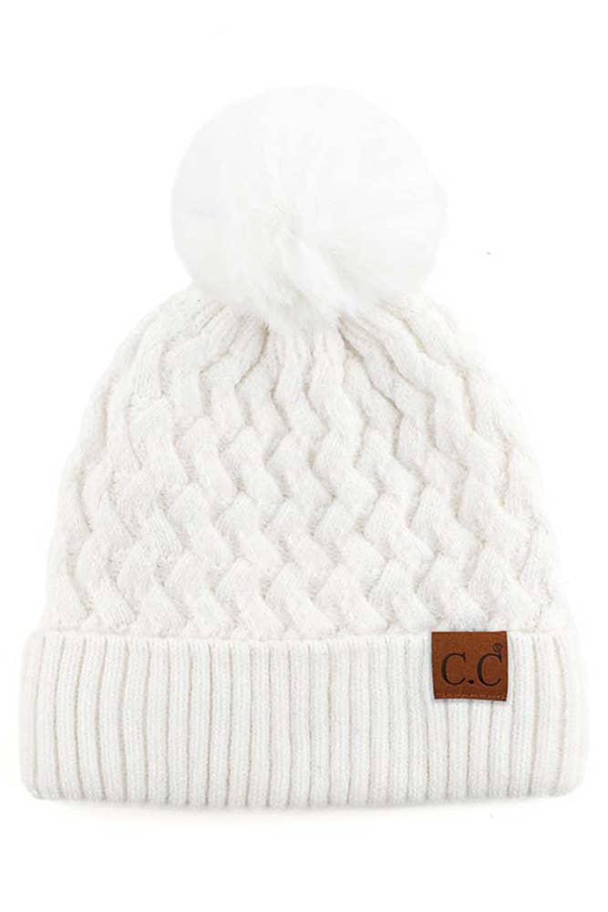 C.C Woven Cable Stitch Cuff Soft Pom Beanie Winter Hat: Black