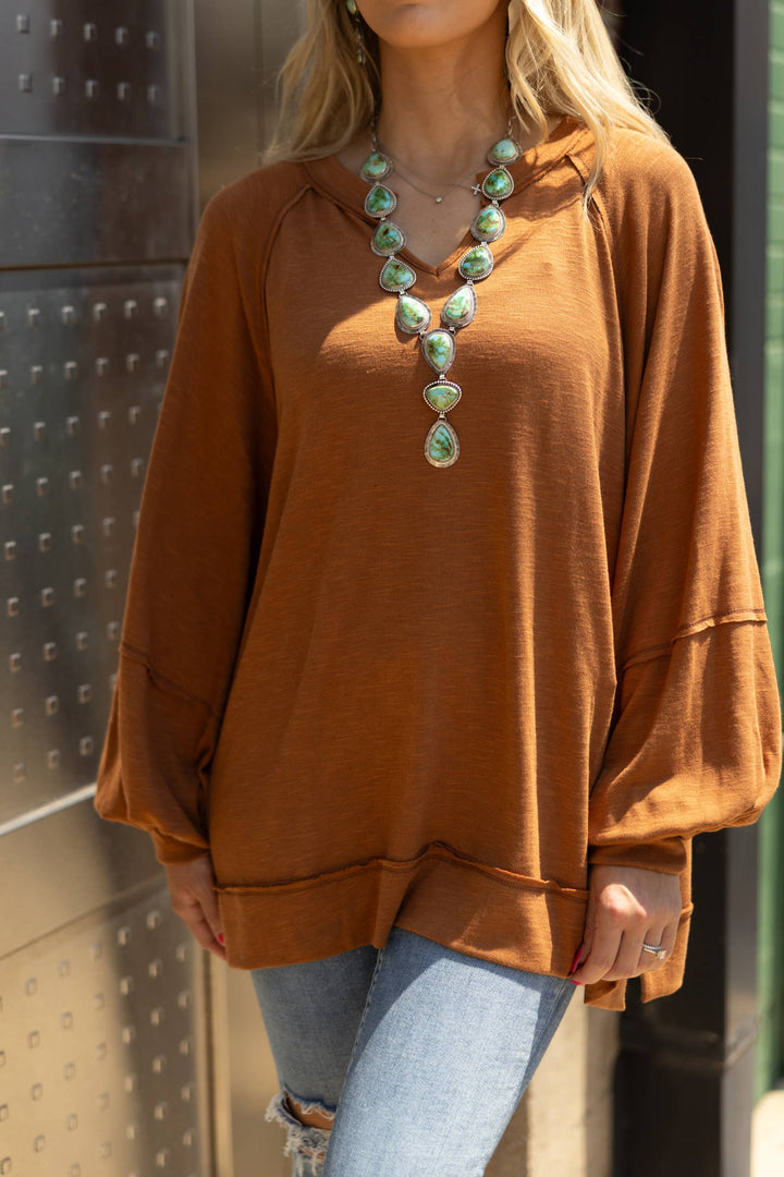Caramel - Flowy Split Neck Top