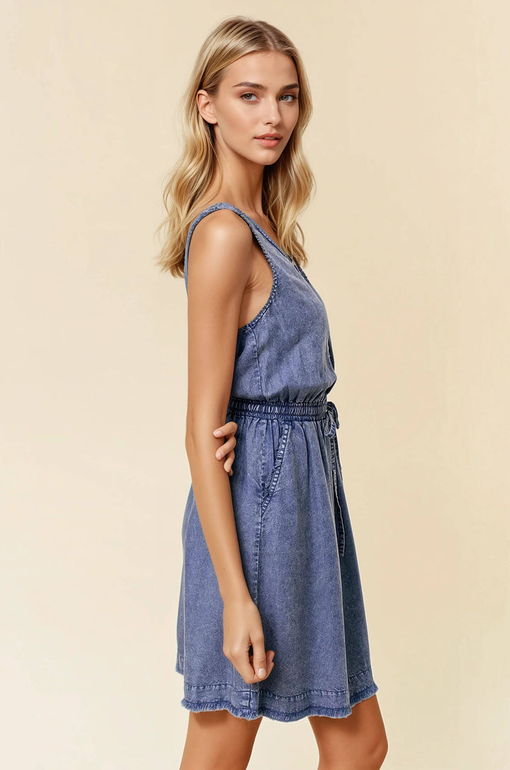 Scoop Neck Frayed Hem Denim Henley Mini Dress
