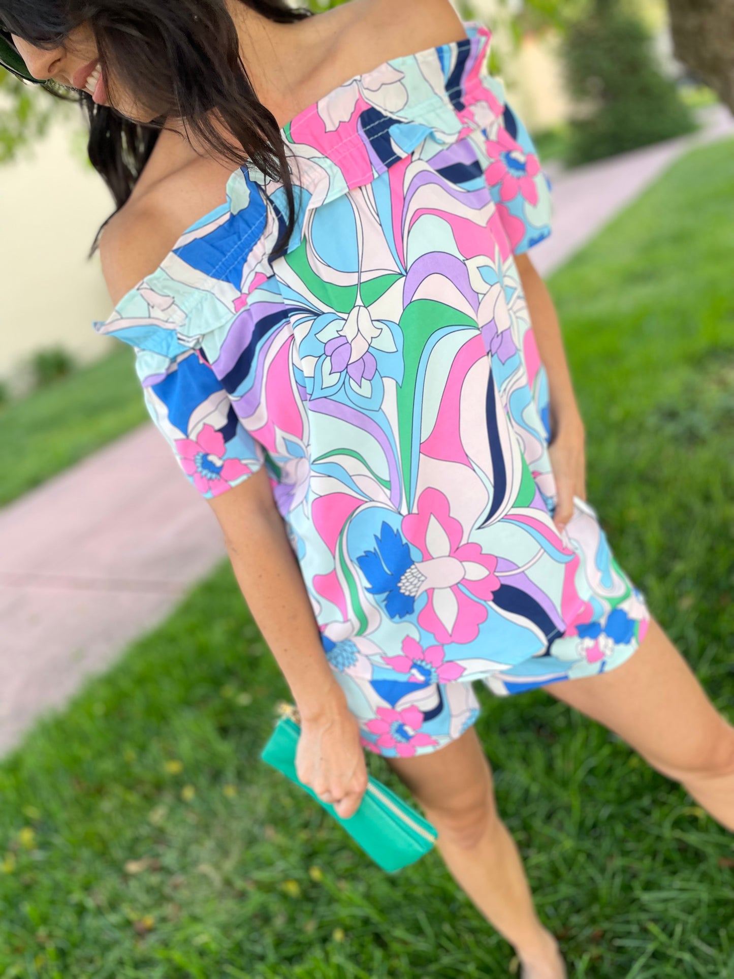 Soft Abstracted Off Shoulder Top - Blue