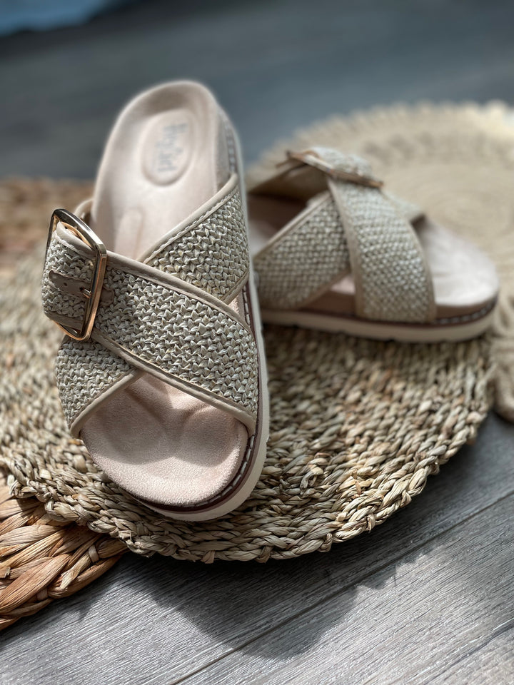 "Booked" Woven Cross Strap Design Slide Sandal