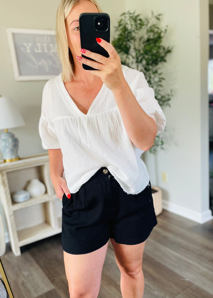 White Cotton Gauze V- Neck Top