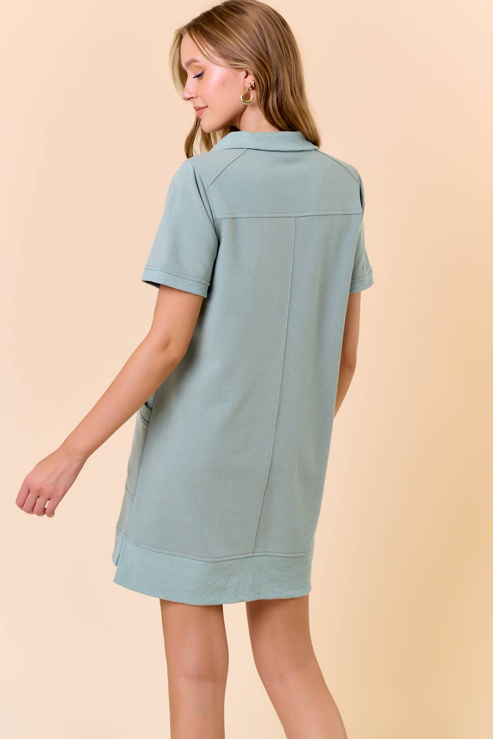 FRENCH TERRY ZIP-FRONT SHORT SLEEVE MINI DRESS