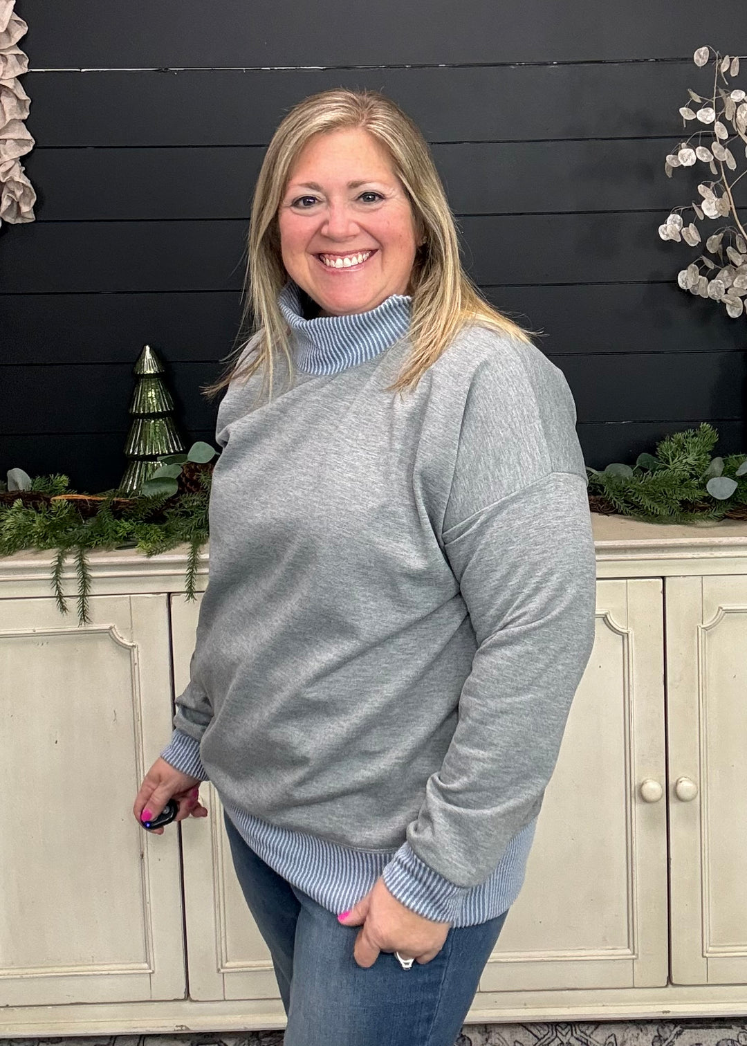 Grey - Mock Neck with Side Collar Slit