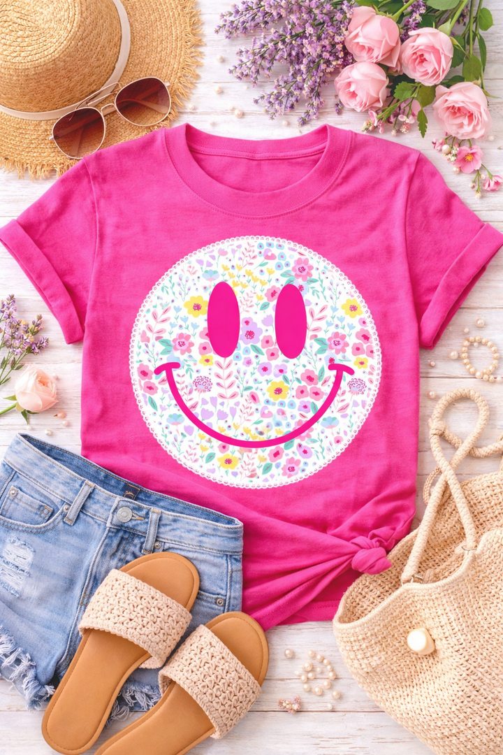 Ditsy Flowers Smiley Face Graphic Tee