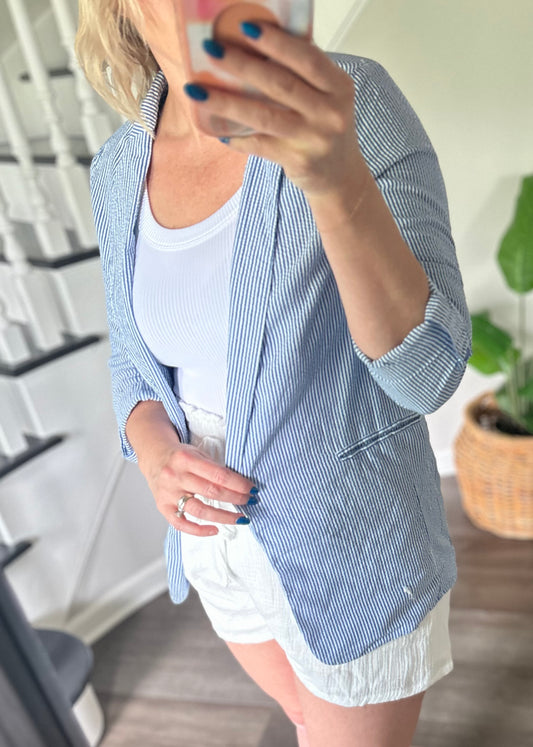 Seersucker Stripe Open Front Blazer: Blue White