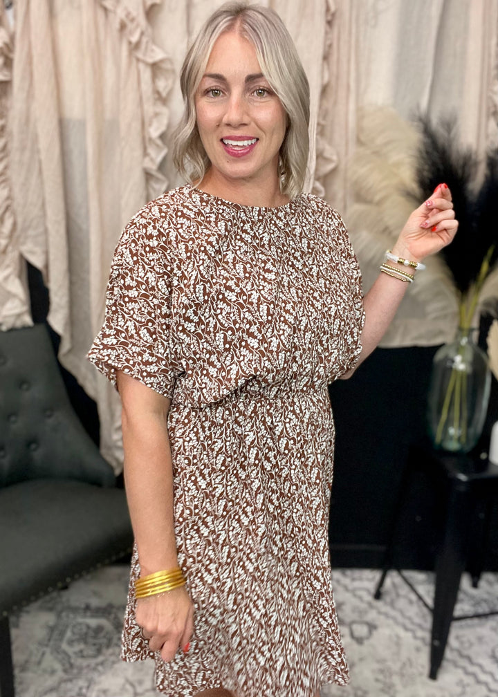 Floral Print Pleat Dolman Short Sleeve Mini Dress