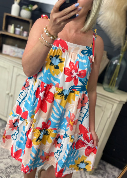Floral Printed Tie Strap Tiered Mini Dress