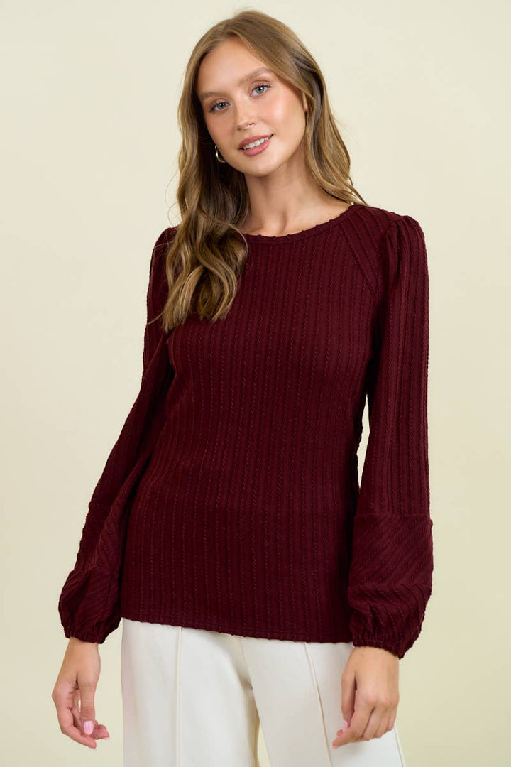 Merlot Bubble Sleeve Textured Top