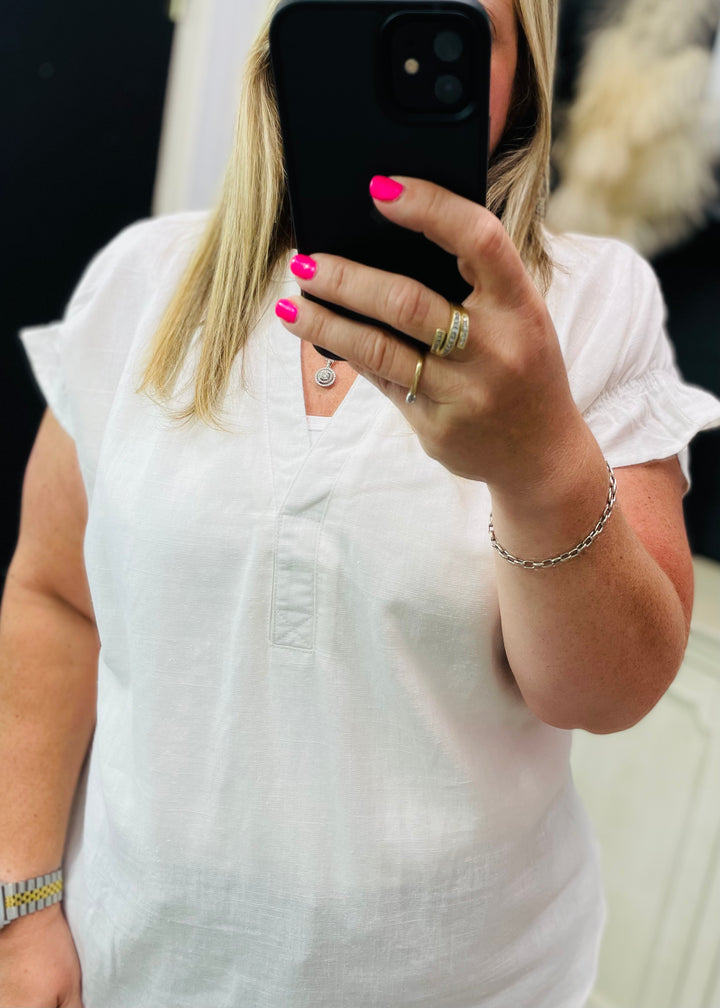 White Split Neck Linen Blouse