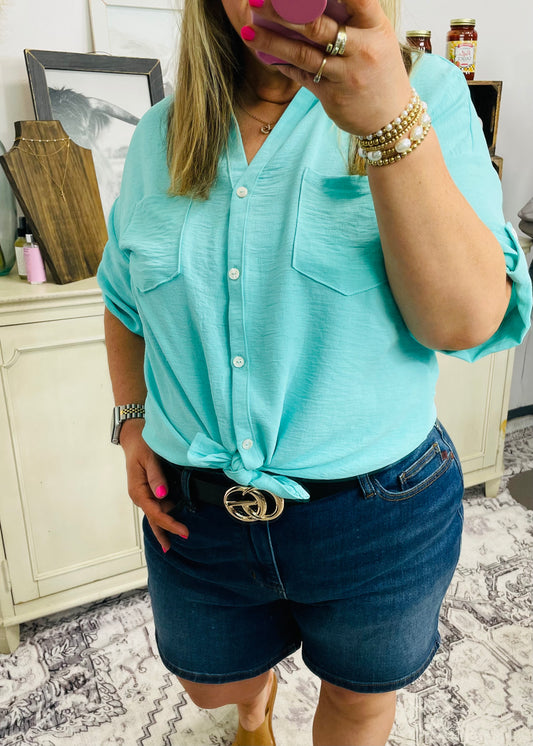 Aqua - Half Sleeve Button Down with Collar Top