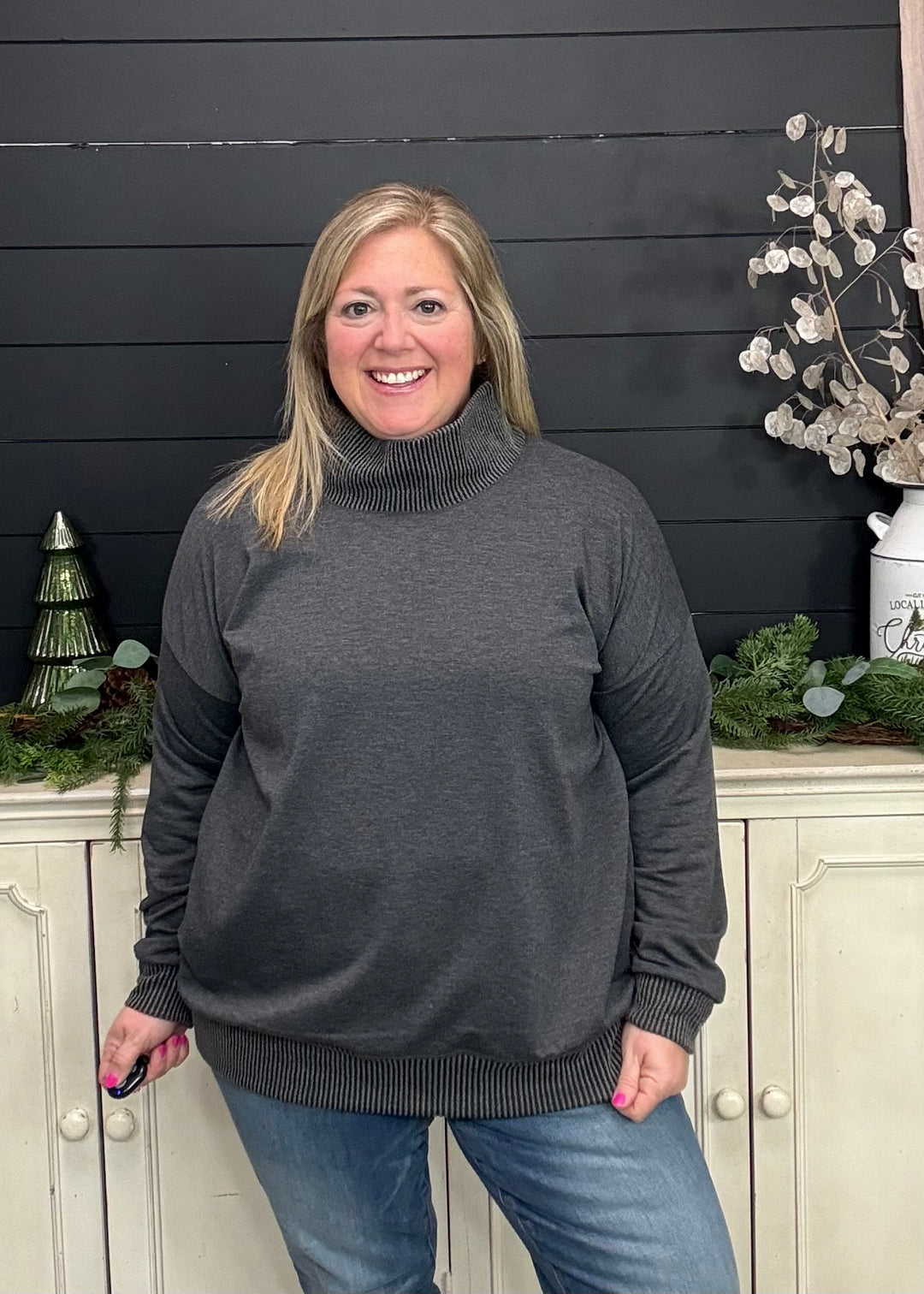 Charcoal - Mock Neck with Side Collar Slit