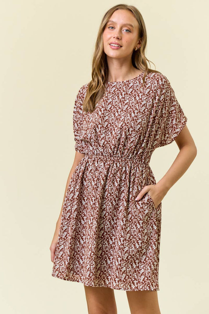 Floral Print Pleat Dolman Short Sleeve Mini Dress
