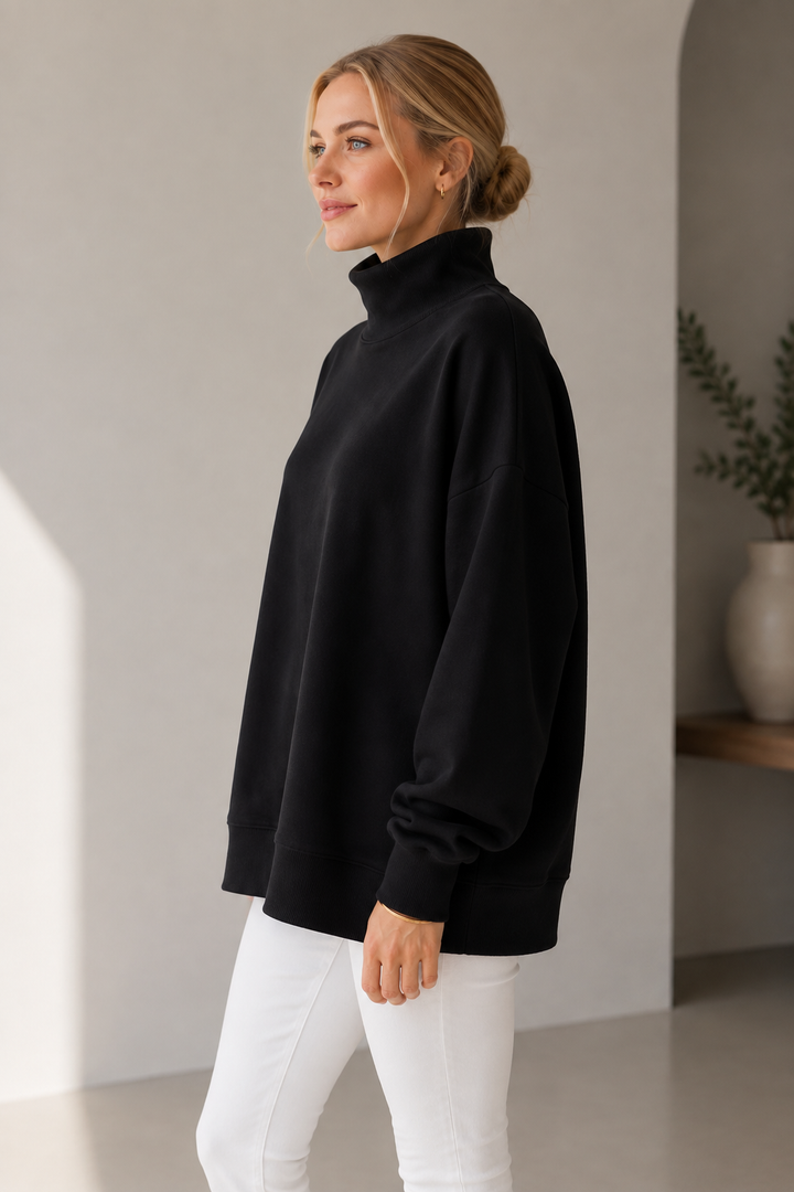 BLACK - MOCK NECK SWEATSHIRT WITH MELANGE FLEECE AND RIB CONTRAST