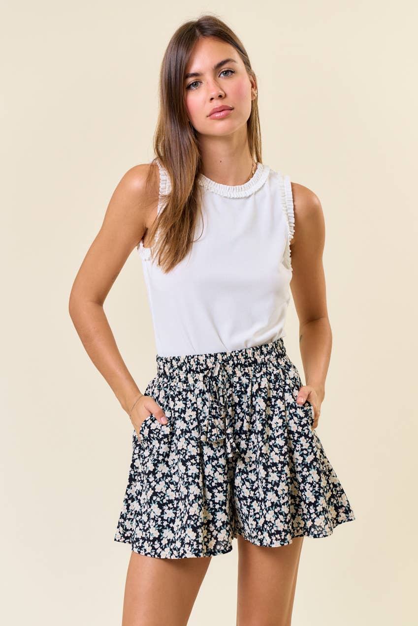 FLORAL PRINT DRAWSTRING WAIST WIDE LEG SHORT