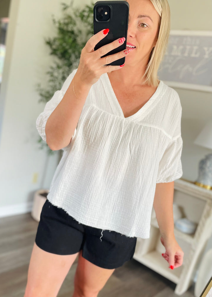 White Cotton Gauze V- Neck Top