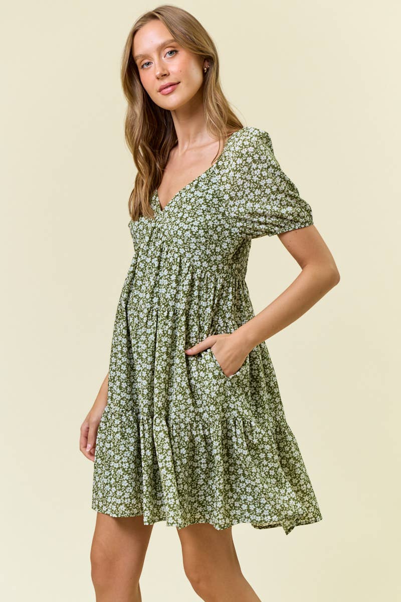 Floral Printed Tiered Mini Dress W/Side Pocket